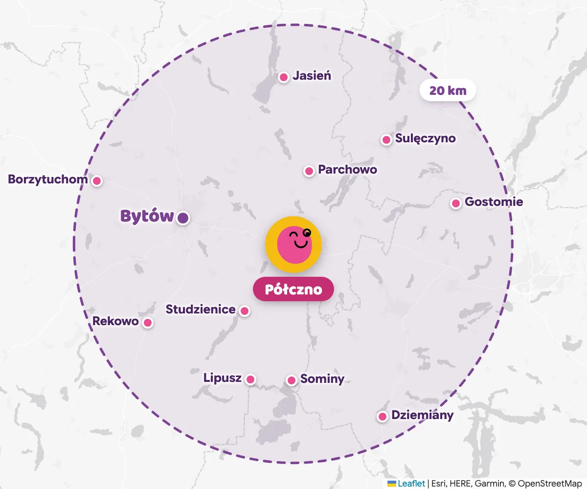 Mapa zasięgu: koło 20 km wokół Półczna, w środku Bytów, Parchowo, Studzienice, Sulęczyno, Lipusz, Sominy, Dziemiany i Borzytuchom