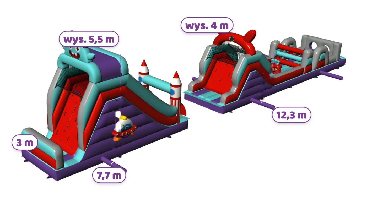 Rysunek toru przeszkód z wymiarami: moduł ze zjeżdżalnią 7,7 na 3 metry i wysokość 5,5 metra, moduł z przeszkodami długość 12,3 metra i wysokość 4 metry